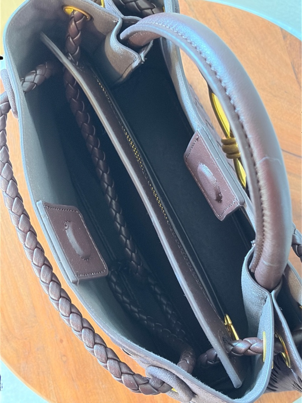 Brown Woven Vegan Suede Top Handle Crossbody Satchel Bag Gold Knot Accent - Picture 5 of 5